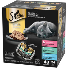 Sheba Perfect Portions Wet Cat Food Cuts in Gravy Variety Pack, Sustainable Salmon, Sustainable Tuna, and Delicate White Fish & Tuna Entree 2.6-oz(Pack of 24)