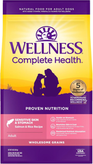 Wellness Complete Health Sensitive Skin & Stomach Dry Dog Food, Wholesome Grains, Natural, Salmon & Rice Recipe
