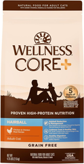 Wellness CORE+ Hairball Adult Dry Cat Food for Indoor & Outdoor Cats, Grain Free, Natural, Chicken and Chicken Meal