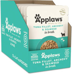 Applaws Natural Wet Cat Food in Broth, Limited Ingredient Wet Cat Food Pouches, No Additives, Made with Natural Ingredients, Tuna with Anchovt & Seaweed in Broth