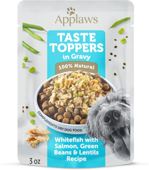 Applaws Taste Toppers, Natural Dog Food Topper, 6 Count, Limited Ingredient Meal Topper for Dogs, Whitefish with Salmon, Green Beans & Lentils in Gravy