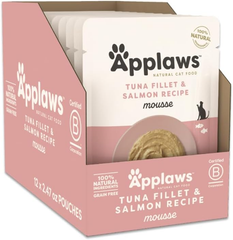 Applaws Natural Wet Cat Food in Mousse, Limited Ingredient Wet Cat Food Pouches, No Additives, Made with Natural Ingredients, Tuna Fillet & Salmon in Mousse