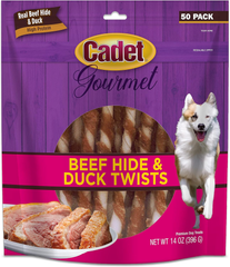 Cadet Gourmet Beef Hide Twist Chew Sticks, Long Lasting & Natural Chew Treats for Dogs, Inspected & Tested in USA, Duck Flavor