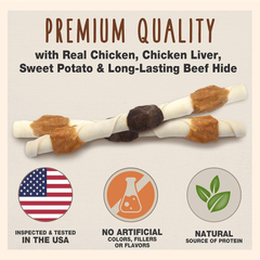 Cadet Gourmet Shish Kabob Dog Chews for Large Dogs, Rawhide Treats with Chicken and Sweet Potato, Healthy & Natural Beef Hide, 10-Inch Sticks