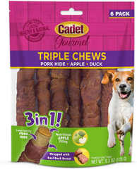 Cadet Gourmet Triple Chews Long-Lasting Pork Hide Sticks with Apple and Duck, Healthy Dog Treats for Small & Large Dogs