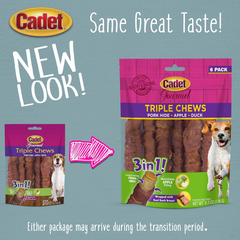 Cadet Gourmet Triple Chews Long-Lasting Pork Hide Sticks with Apple and Duck, Healthy Dog Treats for Small & Large Dogs