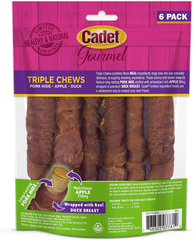 Cadet Gourmet Triple Chews Long-Lasting Pork Hide Sticks with Apple and Duck, Healthy Dog Treats for Small & Large Dogs