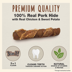 Cadet Gourmet Triple Chews Long-Lasting Pork Hide Sticks with Sweet Potato and Chicken, Healthy Dog Treats for Small & Large Dogs
