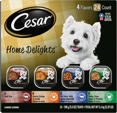 CESAR HOME DELIGHTS Wet Dog Food Pot Roast & Vegetable, Beef Stew, Turkey Potato & Green Bean, and Hearth Chicken & Noodle Variety Pack Easy Peel Trays