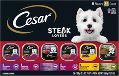 CESAR Adult Soft Wet Dog Food Steak Lovers Variety Pack with Real Meat, (36) 3.5 oz. Trays