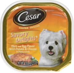 Cesar Savory Delights Ham and Egg Flavor with Potato & Cheese in Meaty Juices Canned Dog Food