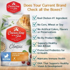 Chicken Soup for The Soul Classic Dry Kitten Food, Chicken, Brown Rice & Pea Recipe Soy, Corn & Wheat Free, No Artificial Flavors or Preservatives