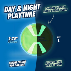 Chuckit! Max Glow Paraflight Flying Disc Dog Toy - Water Floating Flyer - Durable Nylon Construction with Soft Rubber Edges - For Medium and Large Dogs