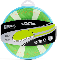 Chuckit! Max Glow Paraflight Flying Disc Dog Toy - Water Floating Flyer - Durable Nylon Construction with Soft Rubber Edges - For Medium and Large Dogs