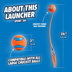 Chuckit! Sport 26L Dog Ball Launcher - Includes a 3-inch Diameter Large Ball for Dogs 60-100 Pounds - Manual Thrower for Dog Balls With a Slim Ergonomic Handle