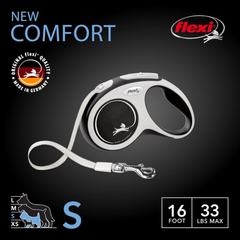 FLEXI® New Comfort Tape Retractable Dog Leash for Small Dogs Upto 33 lbs. – 16 ft., Grey/Black | Tangle Free Pet Walking Leash with One-Handed Brake, Pause, Lock |German Quality Product