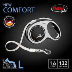 FLEXI® New Comfort Tape Retractable Dog Leash for Large Dogs Upto 132 lbs. – 16 ft., Black/Grey | Tangle Free Pet Walking Leash with One-Handed Brake, Pause, Lock |German Quality Product