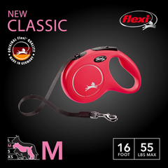 FLEXI New Classic Tape Retractable Dog Leash for Medium-Sized Dogs Upto 55 lbs. – 16 ft., Red | Tangle Free Pet Walking Leash with One-Handed Brake, Pause, Lock|German Quality Product