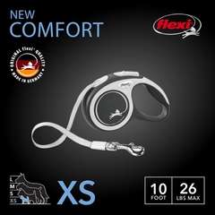 Flexi New Comfort Retractable Dog Leash (Tape), Ergonomic, Durable and Tangle Free Pet Walking Leash for Dogs Up to 26 lbs, 10 ft, Extra Small, Grey/Black