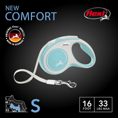 FLEXI New Comfort Tape Retractable Dog Leash for Small Dogs Upto 33 lbs. – 16 ft., Blue/Pastel | Tangle Free Pet Walking Leash with One-Handed Brake, Pause, Lock |German Quality Product