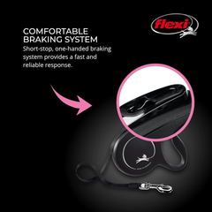 FLEXI New Classic Tape Retractable Dog Leash for Medium Dogs Upto 55 lbs. – 16 ft., Black | Tangle Free Pet Walking Leash with One-Handed Brake, Pause, Lock|German Quality Product