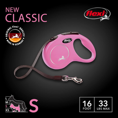 FLEXI New Classic Tape Retractable Dog Leash for Small Dogs Up to 33 lbs. – 16 ft., Pink Tangle-Free Pet Walking Leash with One-Handed Brake, Pause, Lock German Quality Product