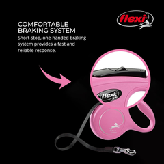 FLEXI New Classic Tape Retractable Dog Leash for Medium Dogs Upto 55 lbs. – 16 ft., Pink | Tangle Free Pet Walking Leash with One-Handed Brake, Pause, Lock | German Quality Product