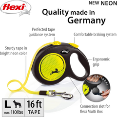 FLEXI New Neon Tape Retractable Dog Leashes for Large Dogs Upto 110 lbs. – 16 ft., Neon Yellow/Black | Tangle Free Pet Walking Leash with One-Handed Brake, Pause, Lock|German Quality Product