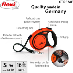 FLEXI New Classic Tape Retractable Dog Leash for Small Dogs Upto 44 lbs.– 16 ft.,Orange/Black | Tangle Free Pet Walking Leash with One-Handed Brake, Pause, Lock | German Quality Product