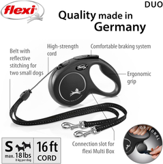 FLEXI New Classic Cord Retractable Double Dog Leash for Small Dogs Upto 18 lbs. – 16 ft., Black | Tangle Free Pet Walking Leash with One-Handed Brake, Pause, Lock