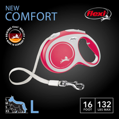 FLEXI New Comfort Tape Retractable Dog Leashes for Large Dogs Upto 132 lbs. – 16 ft., Red/Pastel | Tangle Free Pet Walking Leash with One-Handed Brake, Pause, Lock|German Quality Product