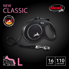 FLEXI New Classic Tape Retractable Dog Leash for Large Dogs Upto 110 lbs. – 16 ft., Black | Tangle Free Pet Walking Leash with One-Handed Brake, Pause, Lock|German Quality Product