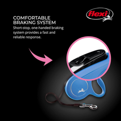 FLEXI New Classic Tape Retractable Dog Leash for Medium Dogs Upto 55 lbs. – 16 ft., Blue | Tangle Free Pet Walking Leash with One-Handed Brake, Pause, Lock|German Quality Product