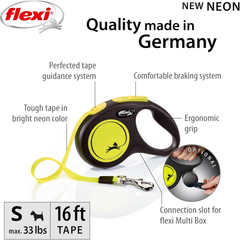 FLEXI New Neon Tape Retractable Dog Leashes for Small Dogs Upto 33 lbs. – 16 ft., Neon Yellow/Black | Tangle Free Pet Walking Leash with One-Handed Brake, Pause, Lock | German Quality Product