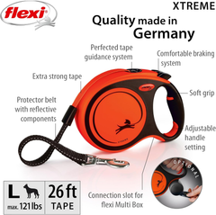 FLEXI Xtreme Tape Retractable Dog Leash for Large Dogs Upto 121 lbs. – 26 ft., Orange/Black | Tangle Free Pet Walking Leash with One-Handed Brake, Pause, Lock | German Quality Product