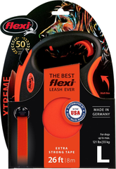 FLEXI Xtreme Tape Retractable Dog Leash for Large Dogs Upto 121 lbs. – 26 ft., Orange/Black | Tangle Free Pet Walking Leash with One-Handed Brake, Pause, Lock | German Quality Product