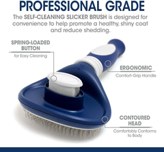 Four Paws Slicker Brush, Professional Series Grooming Brush for Dogs & Cats, Self-Cleaning, Reduces Shedding, All Coat Types, Blue & Grey