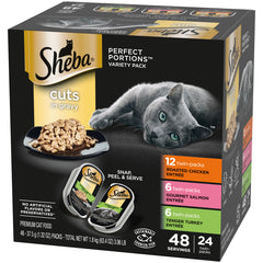 Sheba Perfect Portions Wet Cat Food Cuts in Gravy Variety Pack, Roasted Chicken Entree, with Sustainable Salmon, and Tender Turkey Entree 2.6-oz(Pack of 24)