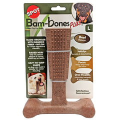 SPOT Bam-Bones Plus T Bone - Bamboo Fiber & Nylon, Durable Long Lasting Dog Chew for Aggressive Chewers – Great Toy for Adult Dogs & Teething Puppies Under 30lbs, Non-Splintering, Beef Flavor