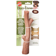 SPOT Bam-Bones Plus Branch -Bamboo Fiber & Nylon, Durable Long Lasting Dog Chew for Aggressive Chewers – Great Toy for Adult Dogs & Teething Puppies Under 60lbs, Non-Splintering, Beef Flavor