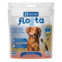 N-Bone FLOSSta Dental Chews for Dogs – Natural Beef Liver Flavor, No Dyes, Grain-Free, Breath Freshening, Plaque & Tartar Control, Digestible Teething Aid