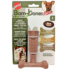 SPOT Bam-Bones Plus T Bone - Bamboo Fiber & Nylon, Durable Long Lasting Dog Chew for Aggressive Chewers – Great Toy for Adult Dogs & Teething Puppies Under 30lbs, Non-Splintering, Beef Flavor