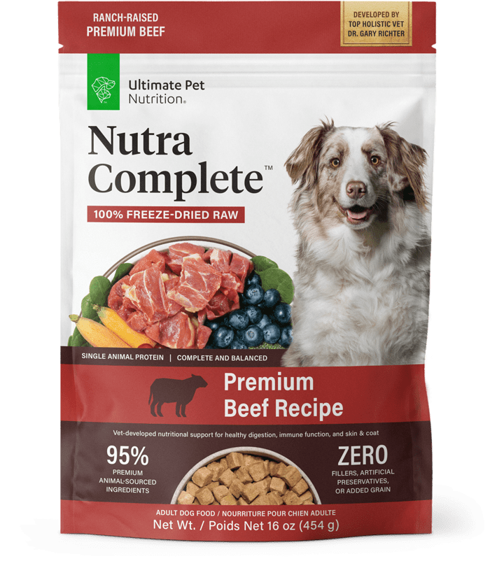 ULTIMATE PET NUTRITION Nutra Complete, 100% Freeze Dried Veterinarian Formulated Raw Dog Food with Antioxidants Prebiotics and Amino Acids, (1 Pound, Beef)
