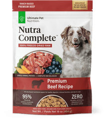 ULTIMATE PET NUTRITION Nutra Complete, 100% Freeze Dried Veterinarian Formulated Raw Dog Food with Antioxidants Prebiotics and Amino Acids, (1 Pound, Beef)