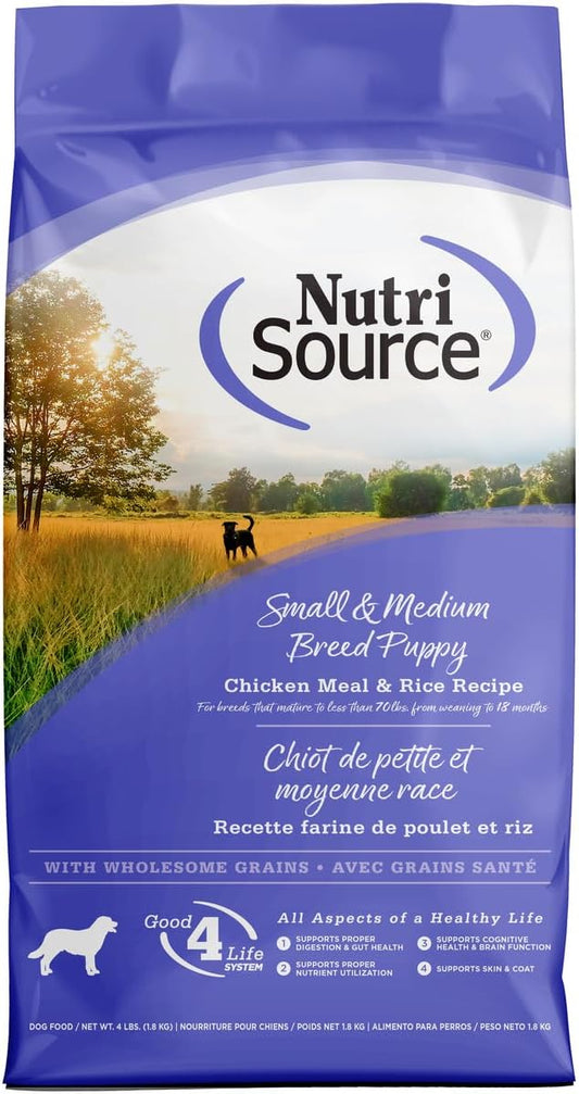 NutriSource, Small and Medium Breed Puppy Dry Dog Food Chicken meal and rice, 4 Pounds.