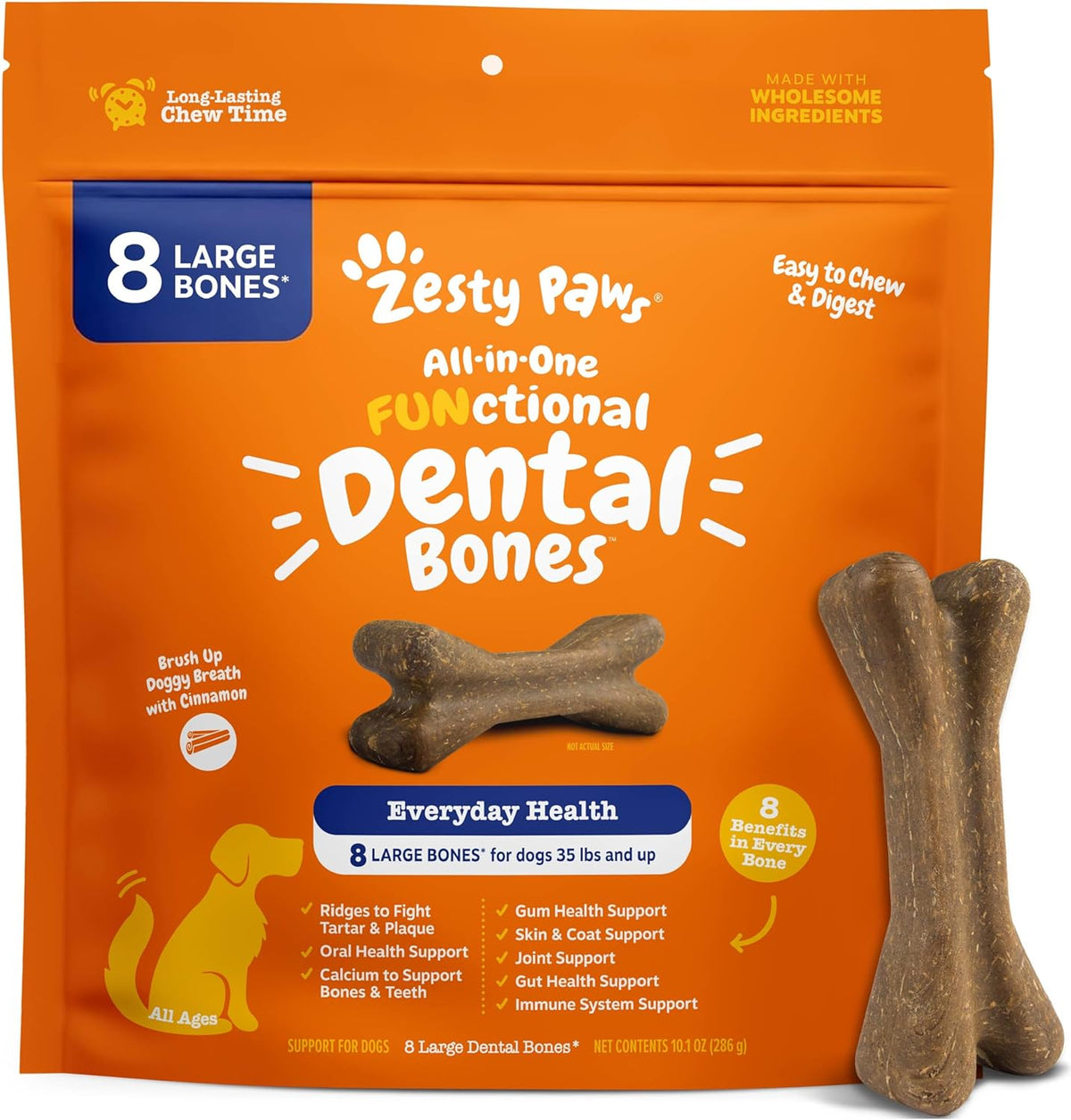 Zesty Paws Dental Bones - Fights Tartar & Plaque - Gum, Teeth & Bone Health - Cinnamon for Dog Breath - Immune, Joint, Gut, Skin & Coat Support - Omega 3 EPA & DHA and Calcium - Large Dogs - 8 ct