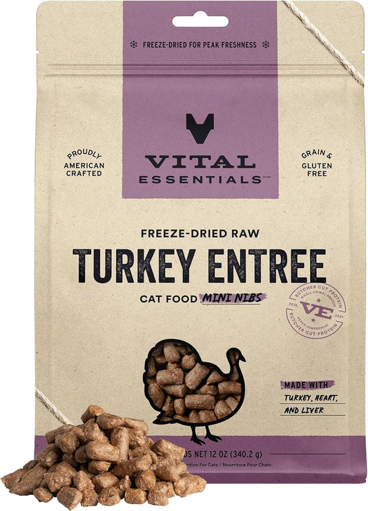 Vital Essentials Freeze Dried Raw Cat Food, Turkey Mini Nibs Entree, 12 oz