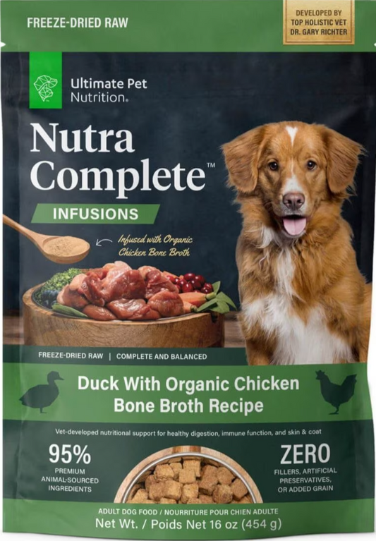 ULTIMATE PET NUTRITION Nutra Complete Bone Broth Infusions, 100% Freeze Dried Veterinarian Formulated Raw Dog Food with Antioxidants Prebiotics and Amino Acids (1 Pound, Bone Broth Duck)