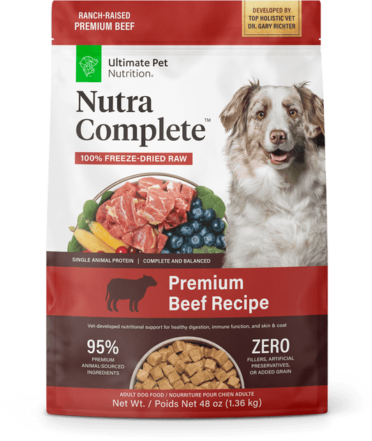 ULTIMATE PET NUTRITION Nutra Complete Raw Freeze Dried Dog Food, Veterinarian Formulated with Antioxidants, Prebiotics & Amino Acids (3 Pound, Beef)