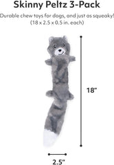 ZippyPaws Skinny Peltz - No Stuffing Dog Toy Pack to Keep Them Busy, for Medium and Large Dogs, Squeaky Pet Toys, Unstuffed Chew Toys, Soft Plush Variety Pack, Weasel, Skunk, and Wolf